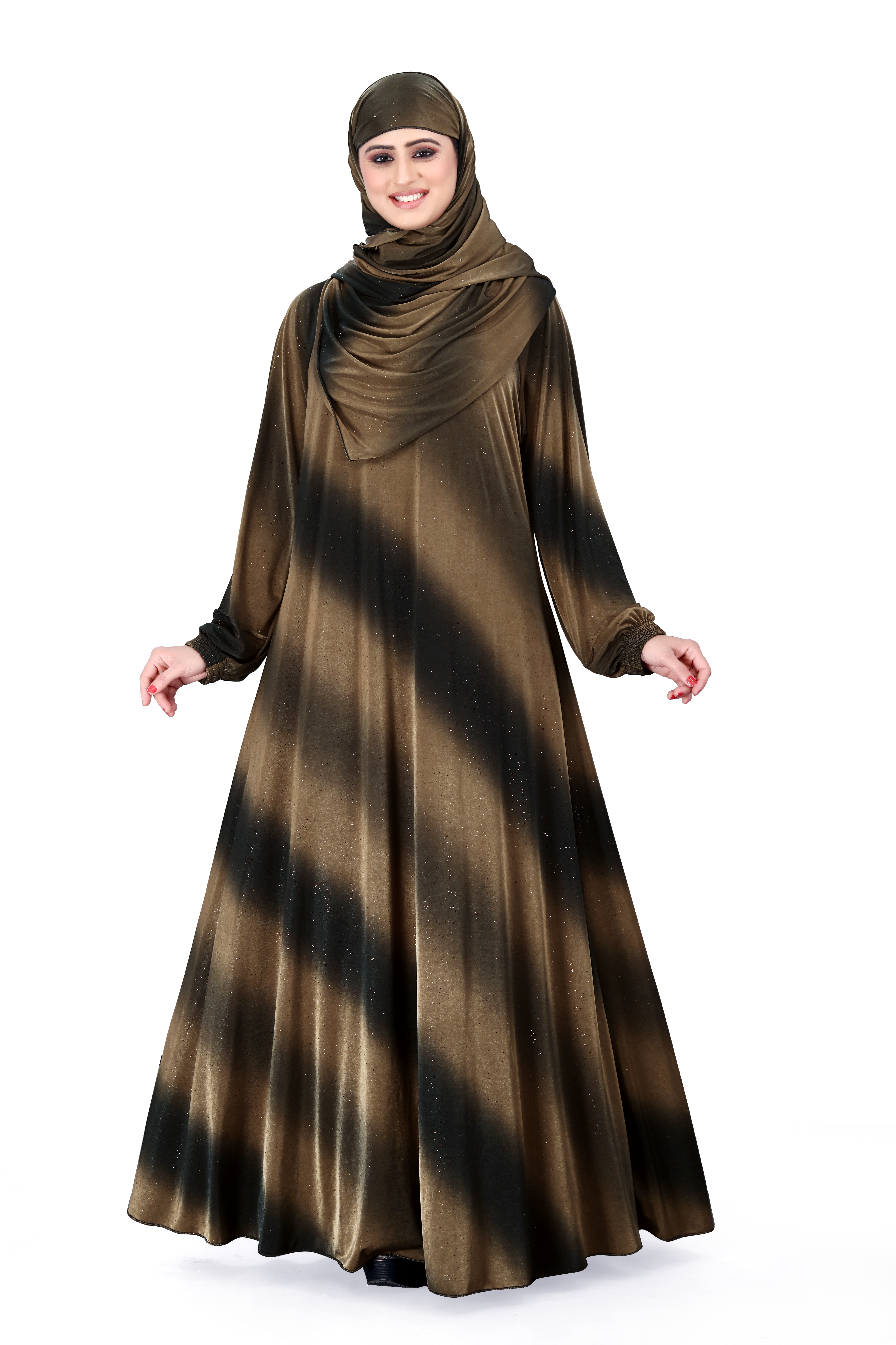 Bhumi fab BLACK COFFEE Lycra Blend Striped Burqa With Hijab (Black, Gold)